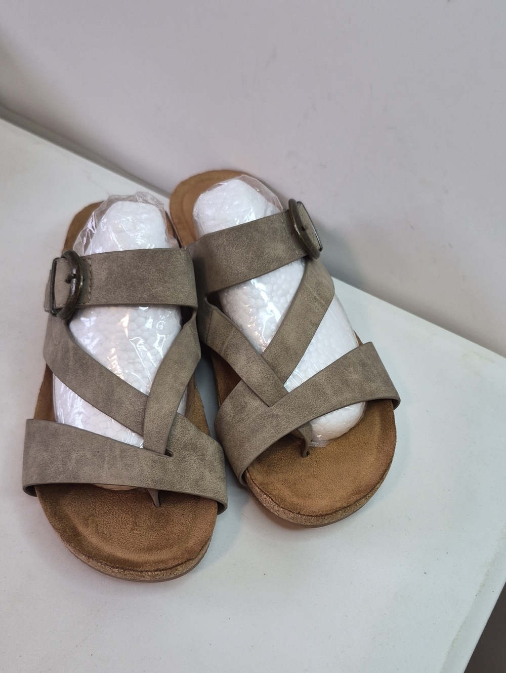 Crisscross Taupe Slide Sandals with Buckle Accent